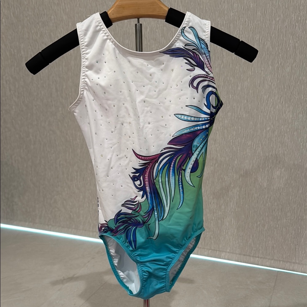 United All Around Teal Peacock Feather Leotard AXS Girls 9-10